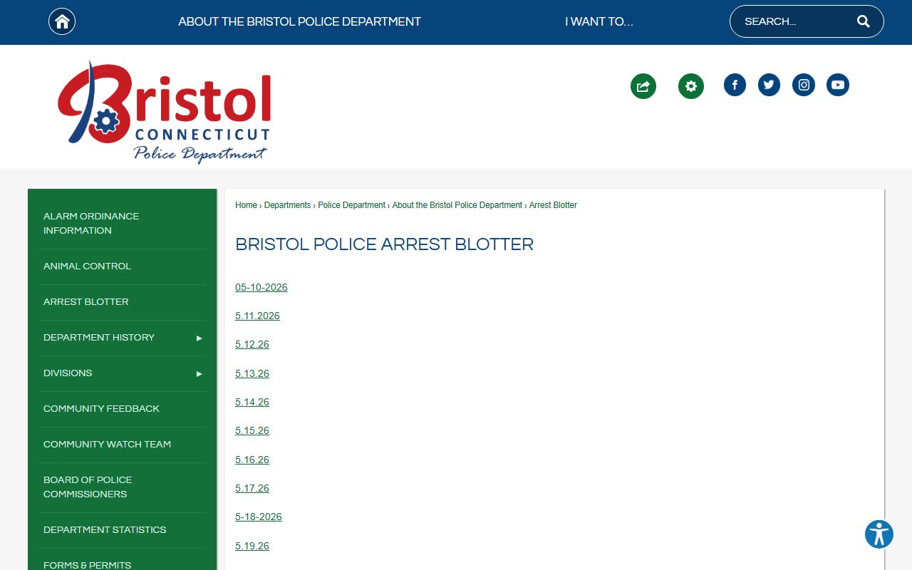 Bristol Police arrest blotter index of daily booking and arrest-record PDF logs, which show charges but no mugshots
