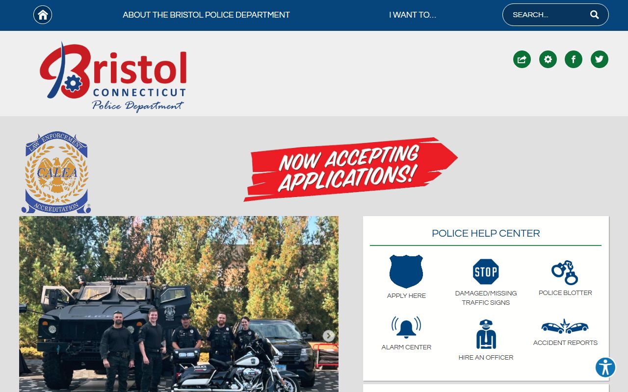 Bristol Police Department homepage with arrest records, blotter, and contact links