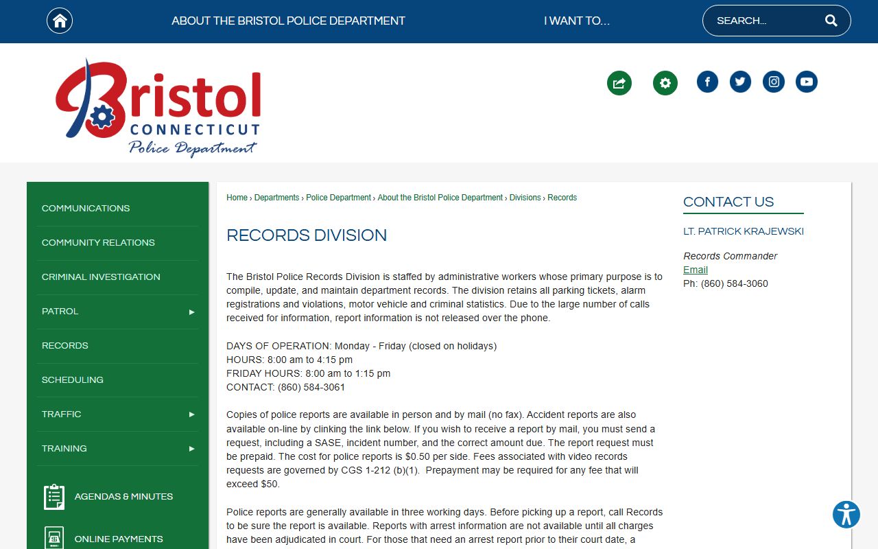 Bristol Police Records Division page listing hours, fees, and rules for requesting Bristol arrest records and booking-related reports