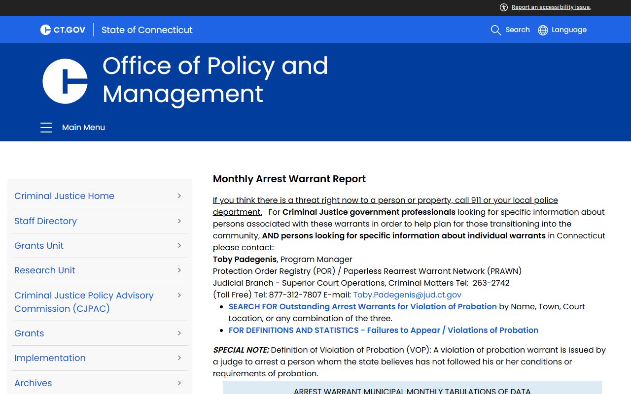 OPM arrest warrant data page with VOP search for Bristol court records after an arrest