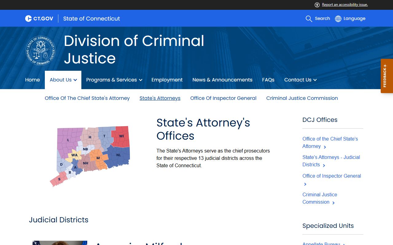 Connecticut DCJ State's Attorneys page showing New Britain handles Bristol court records after an arrest
