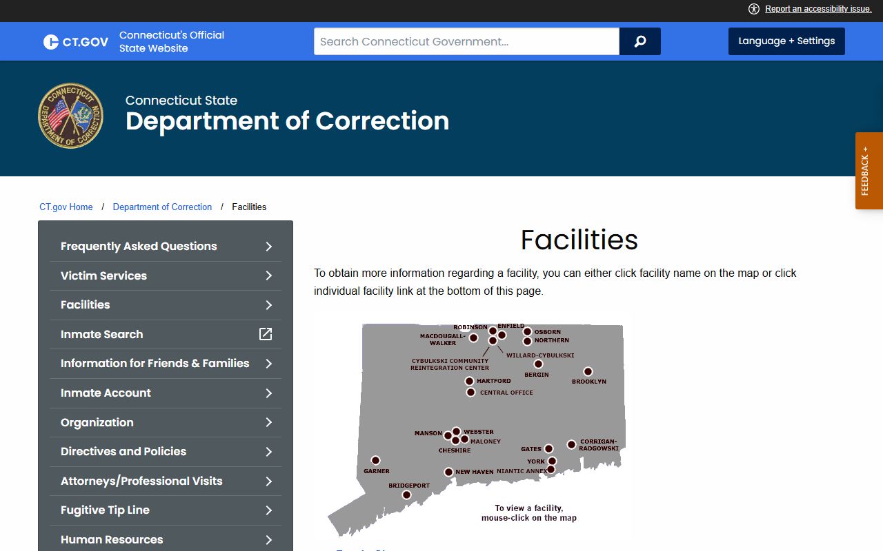 CT DOC statewide facility list showing where the Bristol County inmate population may be held in custody