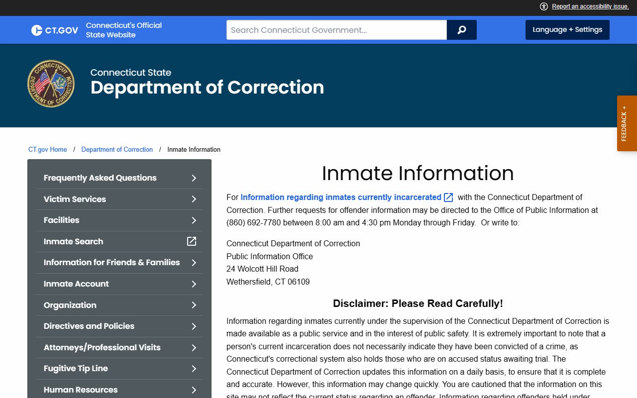 Connecticut DOC inmate information page used for Bristol custody record lookup