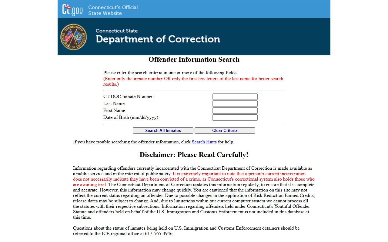 CT DOC inmate information search used to look up the Bristol County inmate population custody records