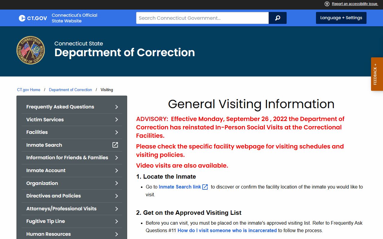 CT DOC visiting page for Hartford Correctional Center inmate visits
