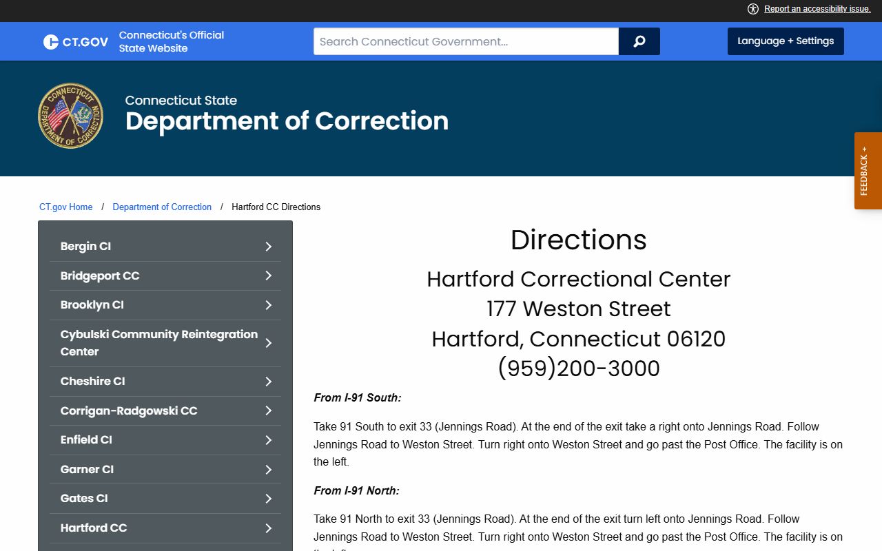 Hartford Correctional Center directions page for inmate visits