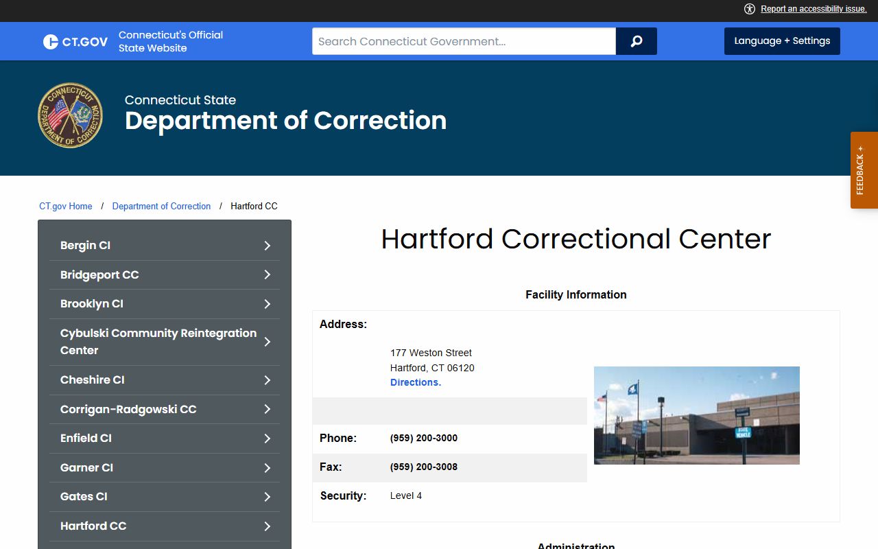 Hartford Correctional Center facility and inmate population page