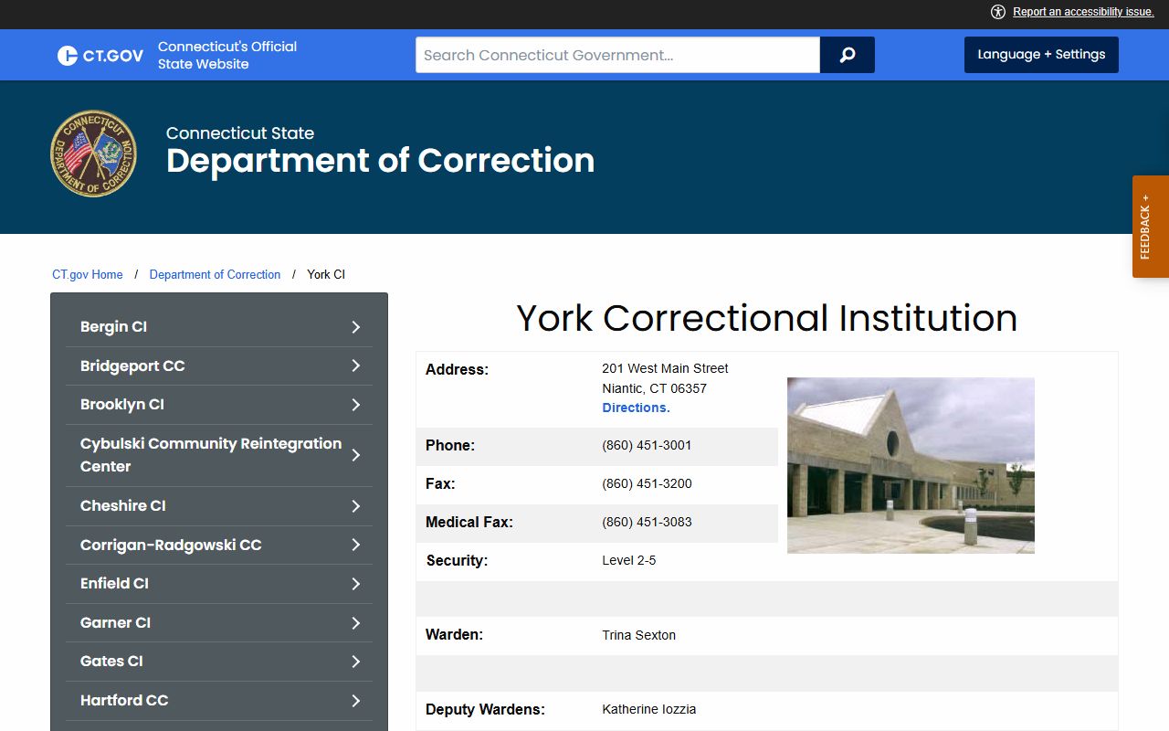 York Correctional Institution inmate population and records page from the Connecticut Department of Correction